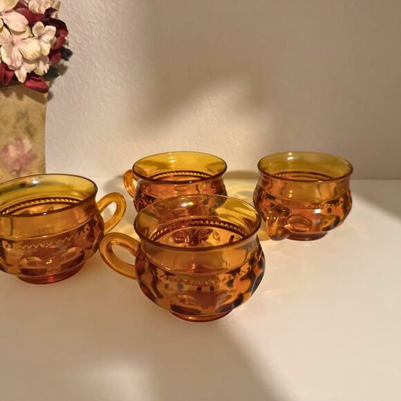 Vintage Amber Glass Thumbprint Cups | Set of 4 | Warm Fall Midcentury MCM - Picture 6 of 11